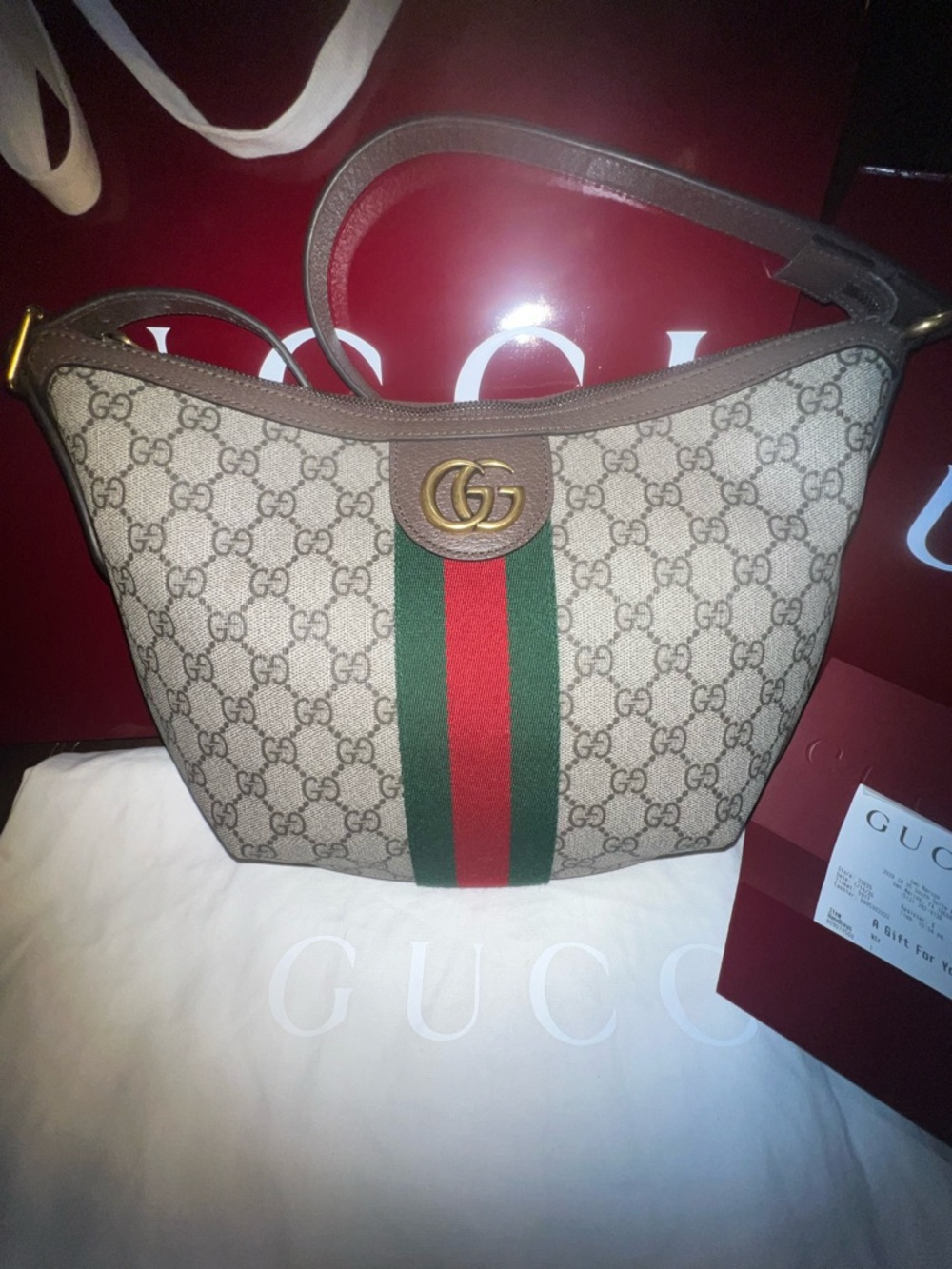 *Authentic Gucci Beige GG Canvas Shoulder Bag with Web Stripe